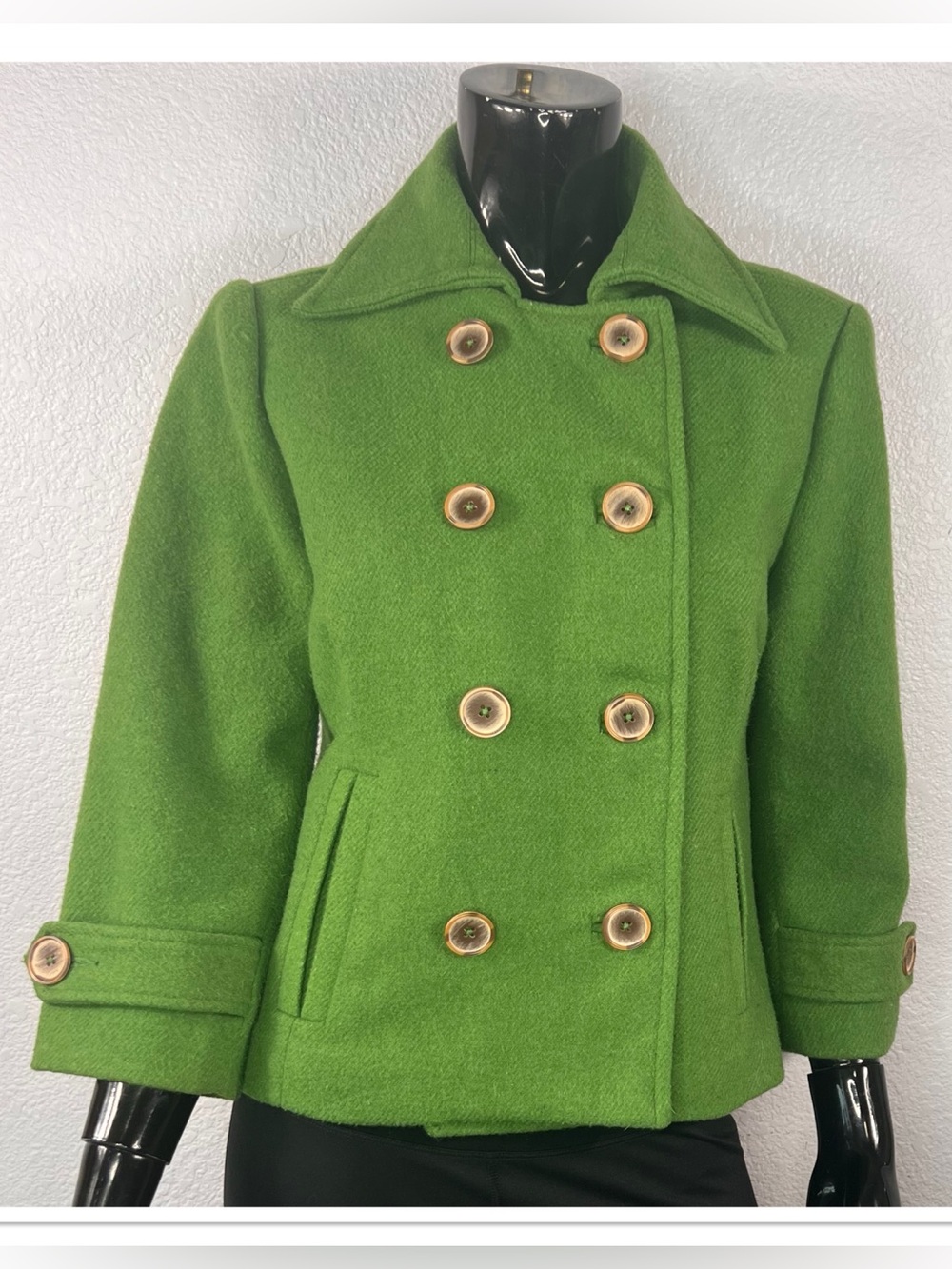 CAbi Green Double-Breasted Wool Blend Crop Peacoat Sz 6